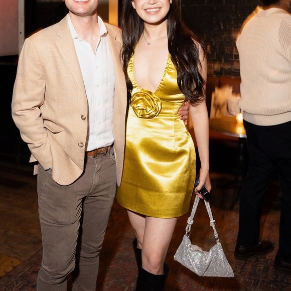 Miss Circle Gold Rosette Halter Mini Dress